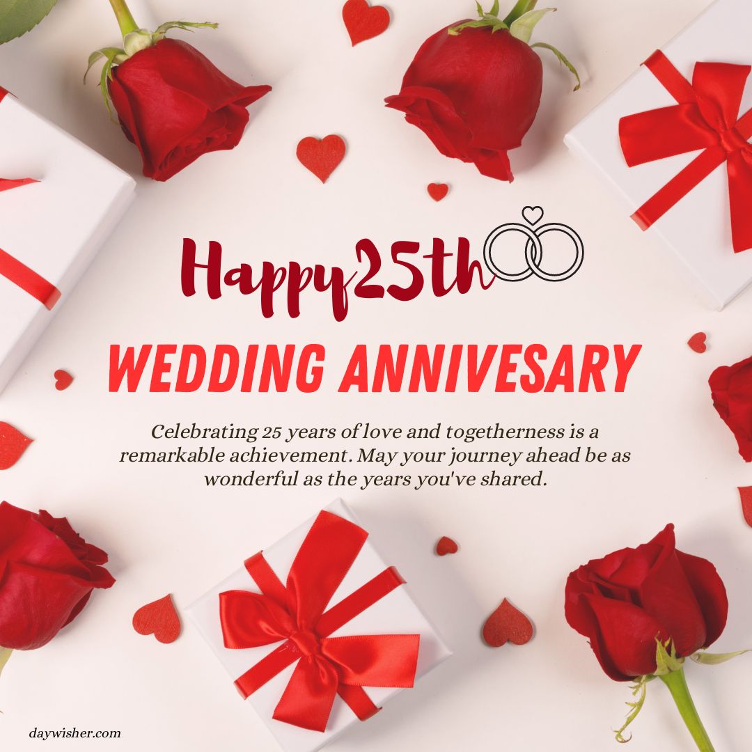 An image depicting a 25th wedding anniversary celebration with the text "25th Anniversary Wishes" over gifts, red ribbons, and roses. Symbols of two rings are shown, suggesting unity and