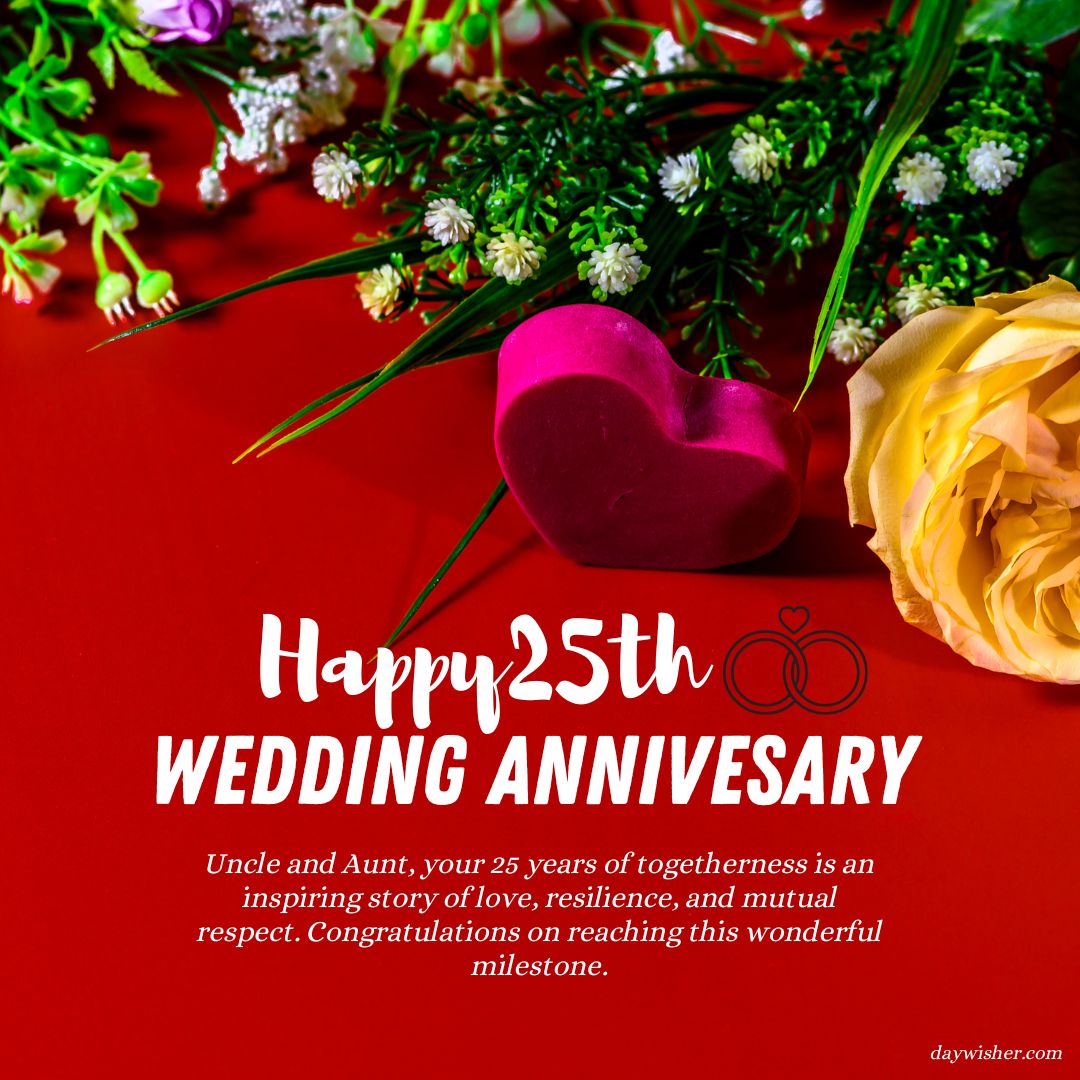 A vibrant image featuring "25th Anniversary Wishes" with a pink heart, yellow roses, and other flowers on a red backdrop with a sweet congratulatory message.