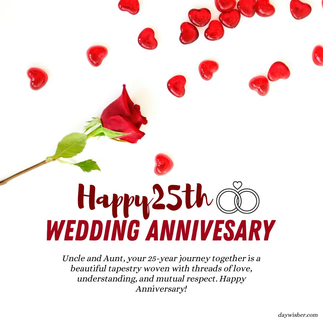 An anniversary card states "25th Anniversary Wishes" with intertwined wedding rings symbolizing marriage and the number 25. The card contains a message about love and mutual respect surrounded by scattered red rose petals