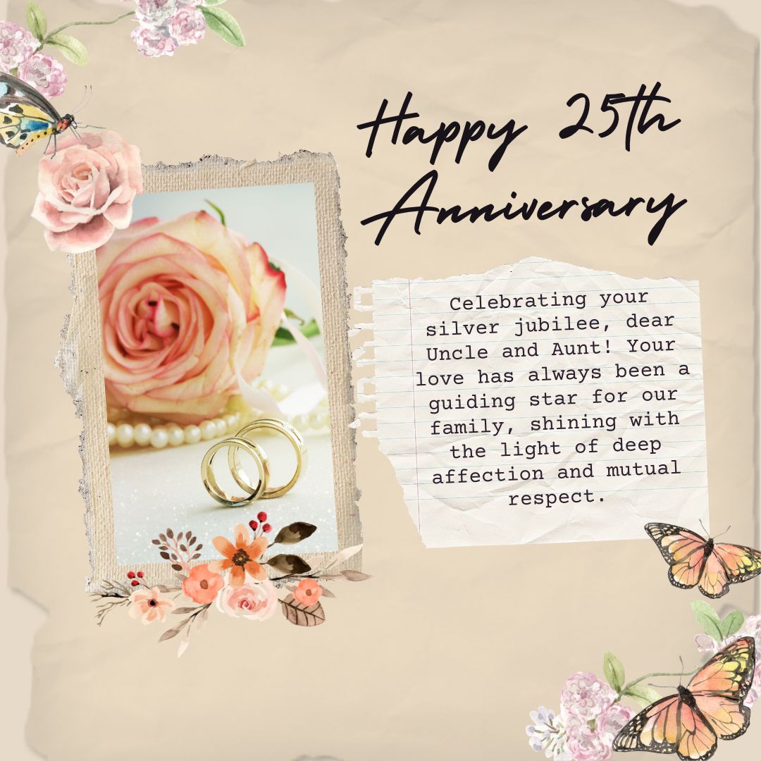 A decorative card with the text "25th Anniversary Wishes" surrounded by floral and butterfly motifs, featuring a framed photo of pink roses. The card includes a heartfelt message about love and respect.