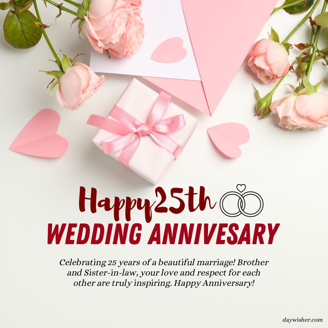 A greeting card for a 25th wedding anniversary with "25th Anniversary Wishes," surrounded by pink roses, heart shapes, and a gift wrapped in white with a pink ribbon on a white background