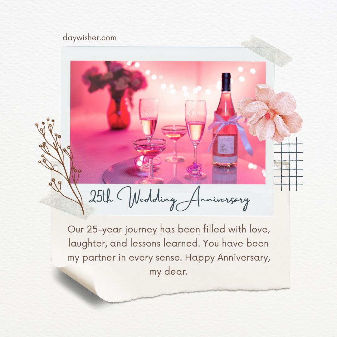 Image featuring 25th Anniversary Wishes on a card with a background of two champagne glasses, a wine bottle, and romantic pink lighting. Flowers and decorative lights enhance the celebratory mood.