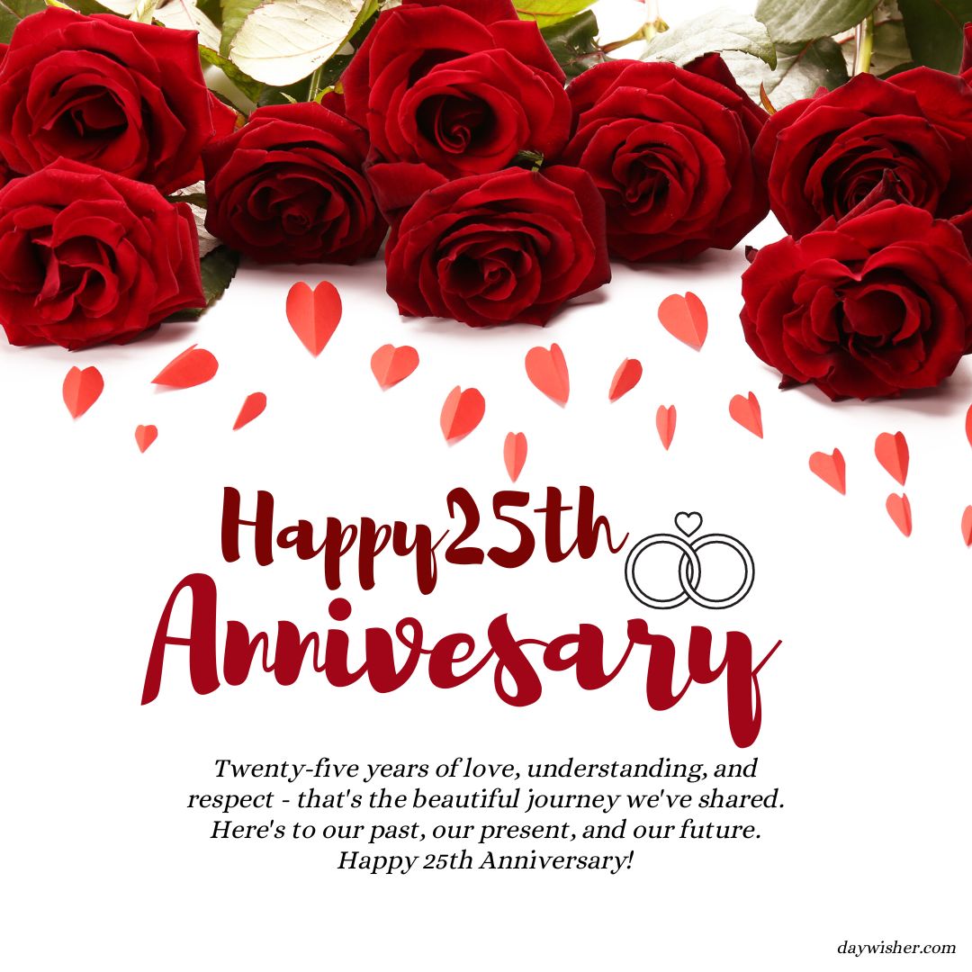 Image of a graphic greeting card with the message "happy 25th anniversary wishes" adorned with vibrant red roses and scattered heart confetti. The card includes a romantic note celebrating twenty-five years of love