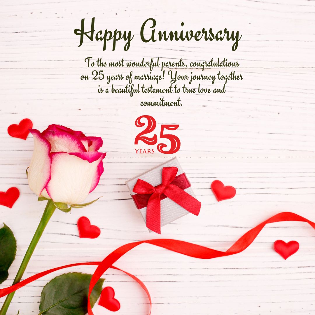 A celebratory "happy 25th anniversary" image featuring a multi-colored rose, a ribbon forming a heart shape, and a small gift box with a "25" on it, symbolizing 