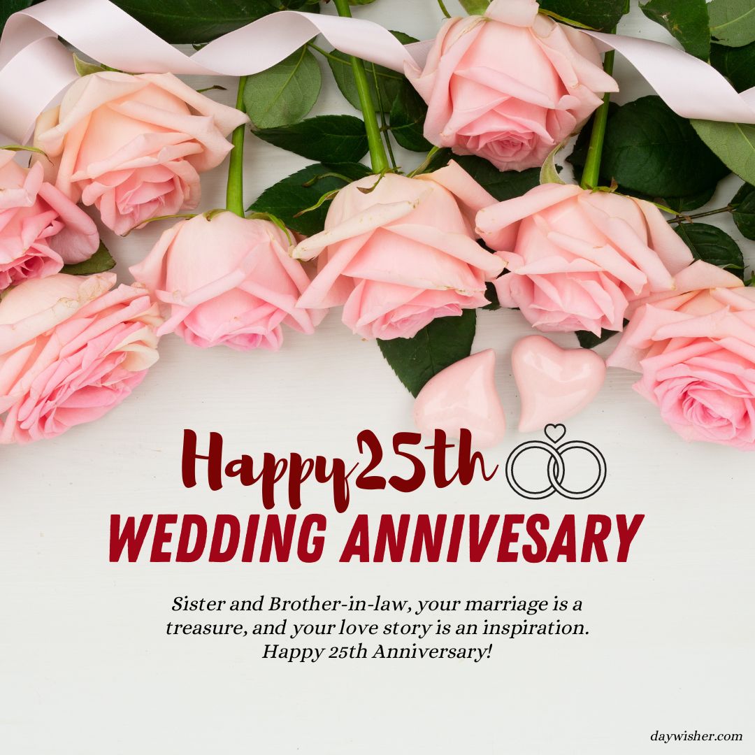 A festive 25th wedding anniversary card featuring soft pink roses on a white background with the text "25th Anniversary Wishes" and a heartfelt message to a sister and brother-in-law.
