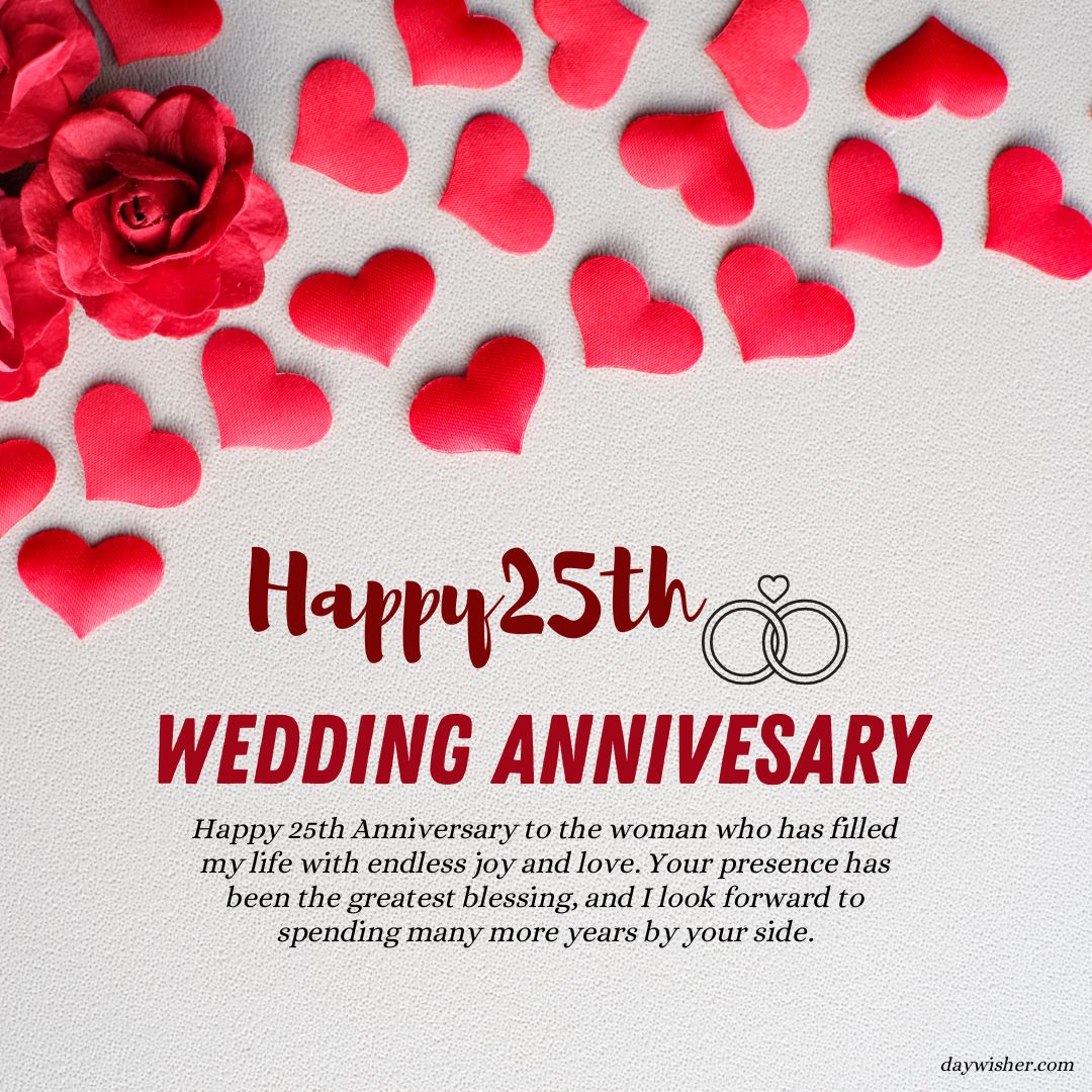 Image displaying a 25th Anniversary Wishes greeting card with "happy 25th wedding anniversary" text, a pair of rings forming an infinity symbol, and scattered red rose petals on a light background