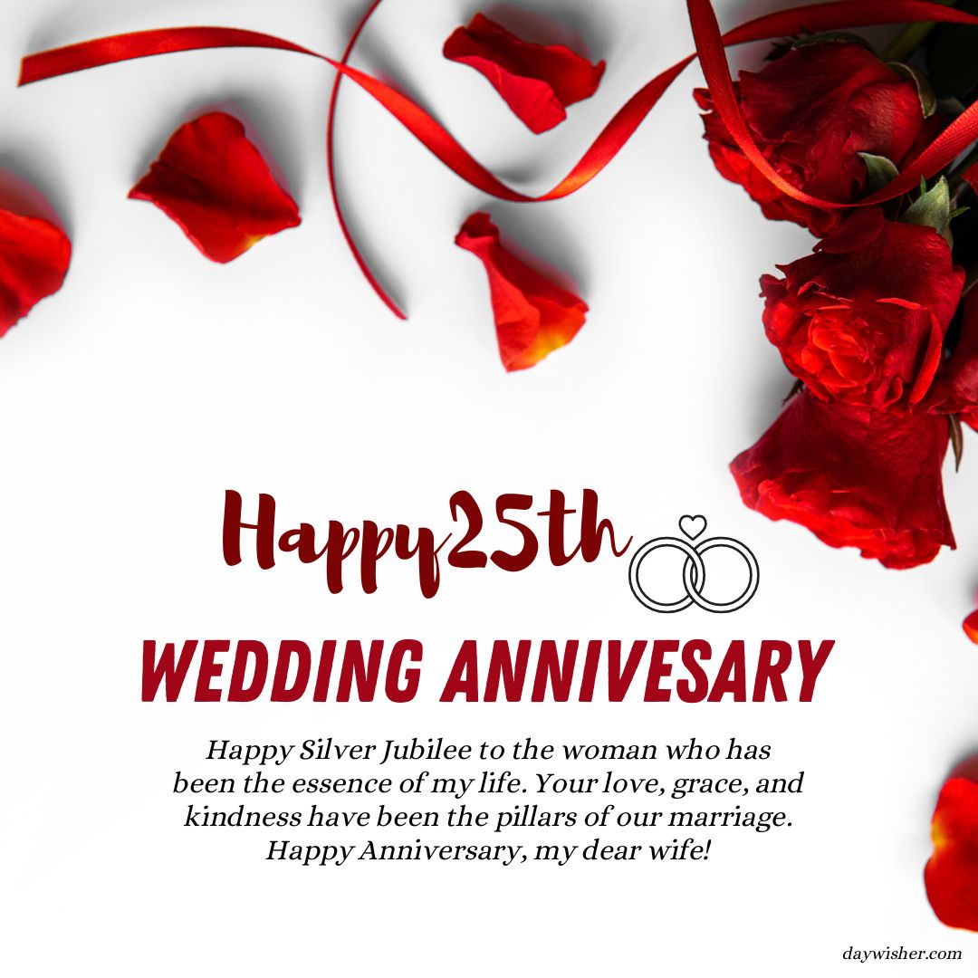 A festive 25th Anniversary Wishes card featuring "happy 25th wedding anniversary" text, with a graphic of interlinked silver rings, scattered red rose petals around, and a heartfelt message to