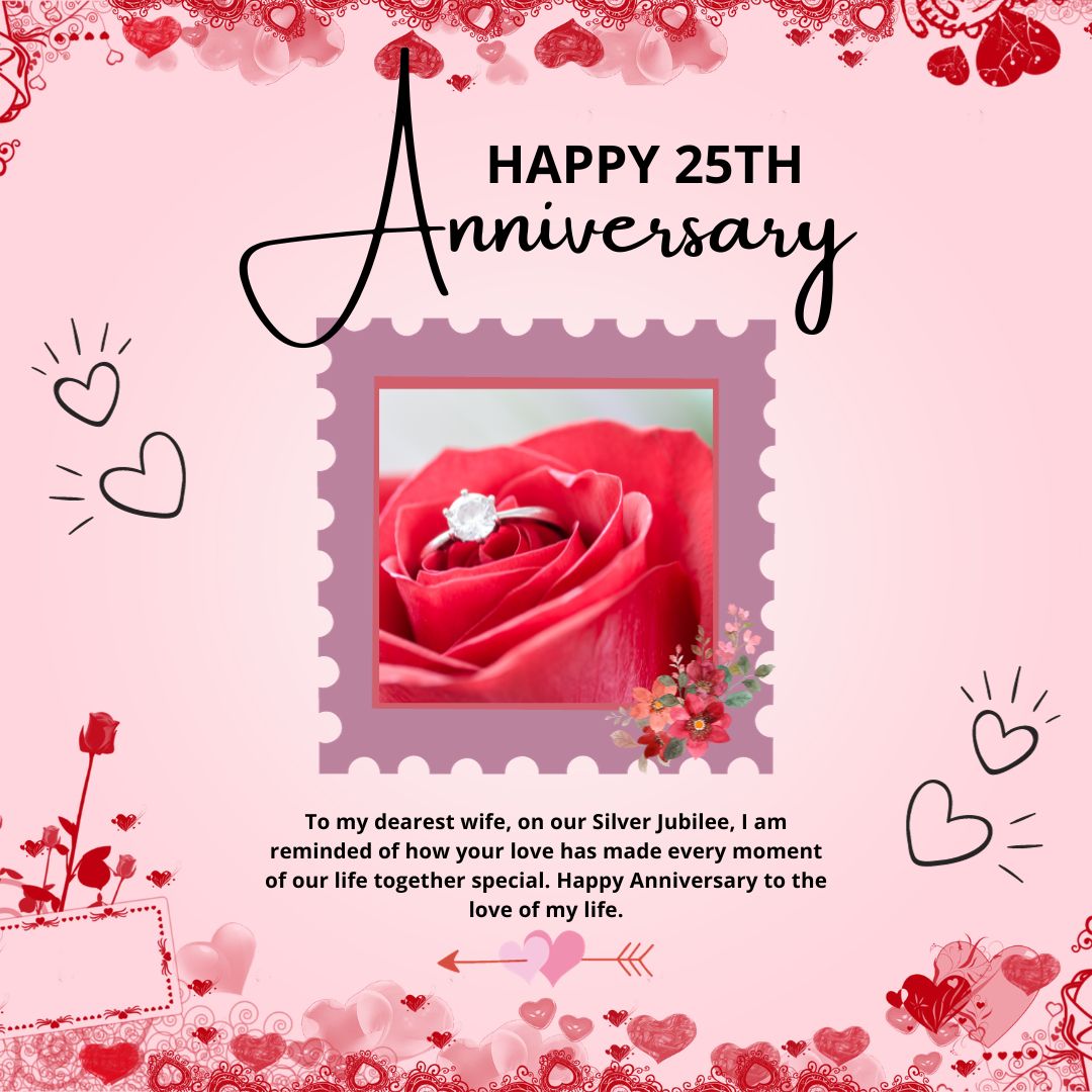 A festive 25th Anniversary Wishes card saying "happy 25th anniversary" with decorative hearts and a central image of a red rose. Text below expresses love to a wife on their silver jub