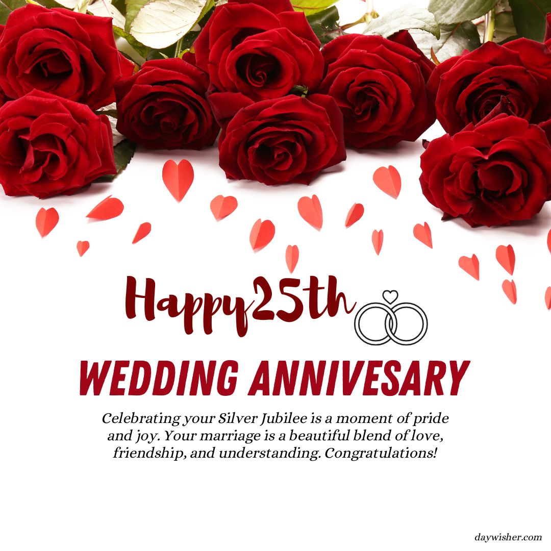 Happy 25th Anniversary Wishes card with vibrant red roses at the top and a greeting text celebrating the silver jubilee of marriage, featuring interlocked rings symbol.