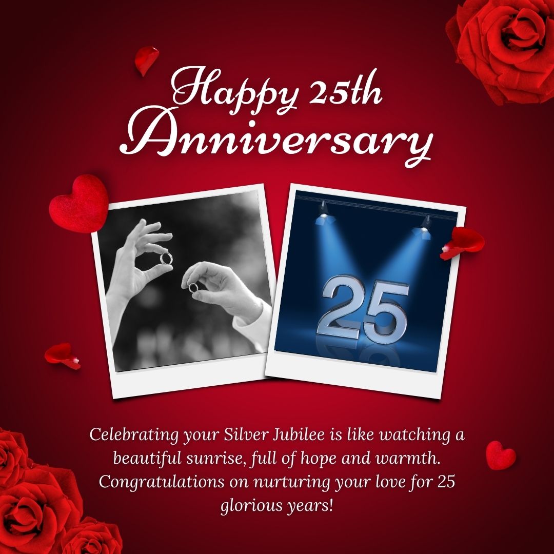 A festive 25th anniversary card on a red background with scattered rose petals, featuring two polaroids; one of a couple making a heart shape with hands, and another with the number 25,