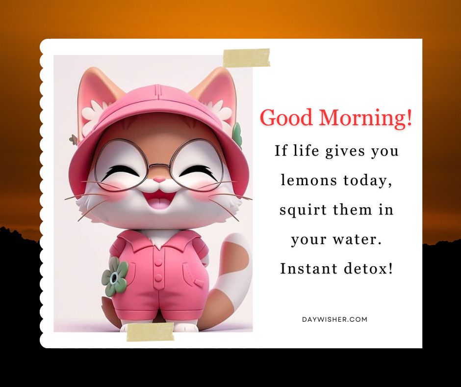 A cheerful image featuring a cute cartoon cat wearing pink glasses and a pink outfit, holding a flower. The background is a vibrant orange sky with the text "Funny Good Morning!" and a motivational quote about