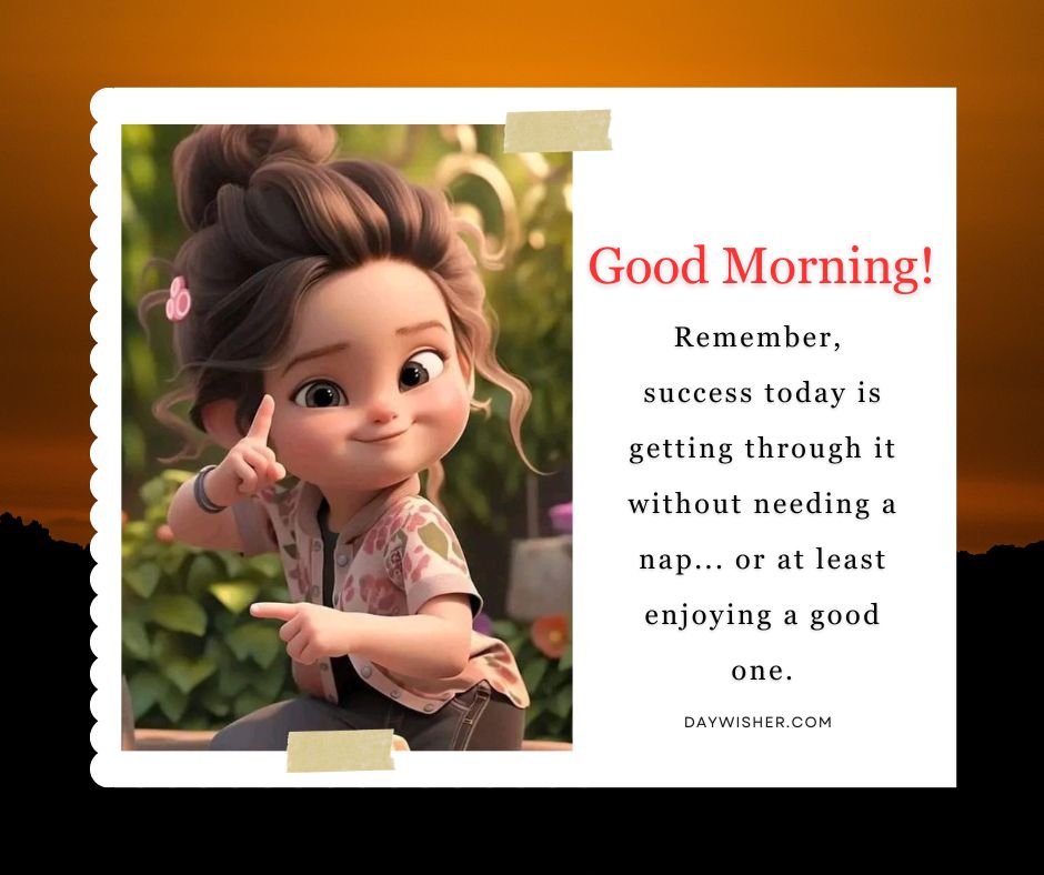 An animated graphic featuring a cheerful young girl with a playful hair bun, greeting "good morning!" and sharing a funny, encouraging message about success and enjoyment. The background depicts a serene orange sunset.