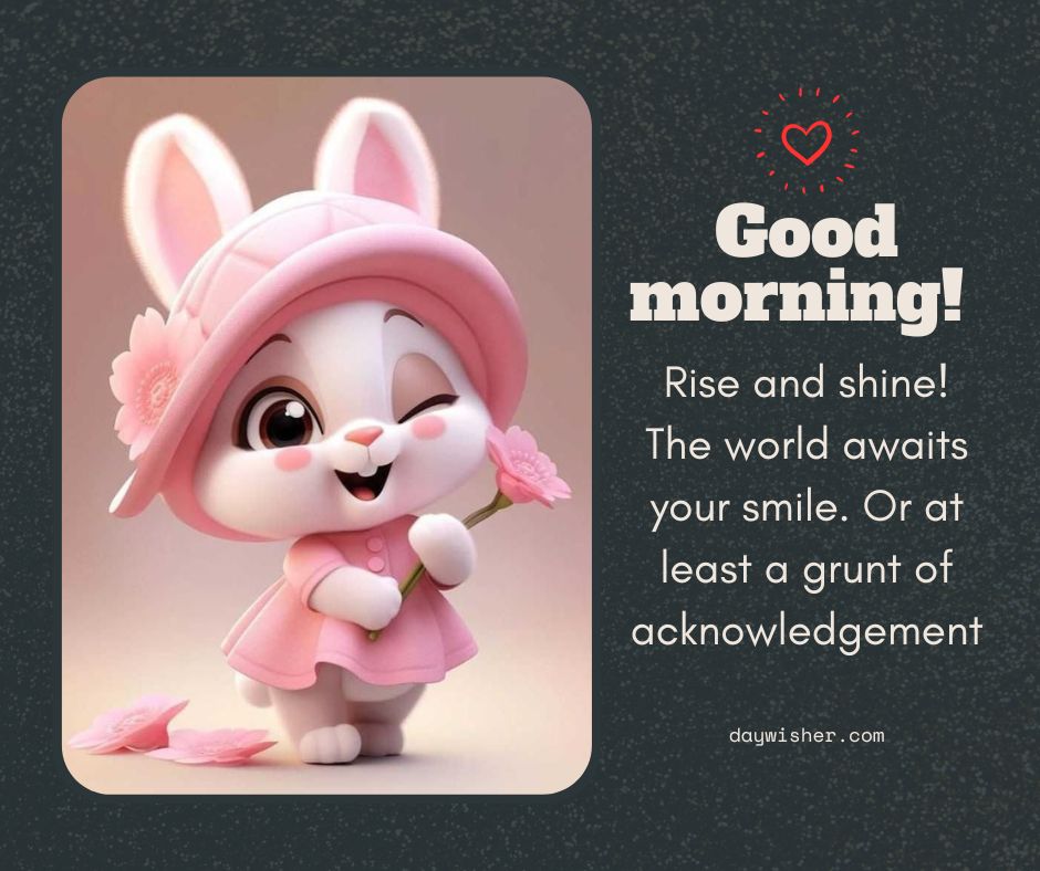 A funny cartoon image of a bunny dressed in a pink outfit holding a flower, with text saying "Good morning! Rise and shine! The world awaits your smile. Or at least a grunt of acknowledgment