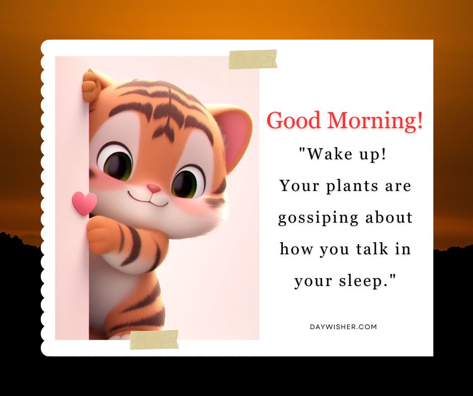 A graphic featuring a cute animated tiger with a heart emoji, set against a sunset background, saying "Funny good morning! Wake up! Your plants are gossiping about how you talk in your sleep.