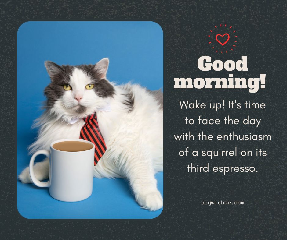 A white and gray cat wearing a red tie, lying next to a white coffee mug, with the text "Funny Good Morning! Wake up! It's time to face the day with the enthusiasm of