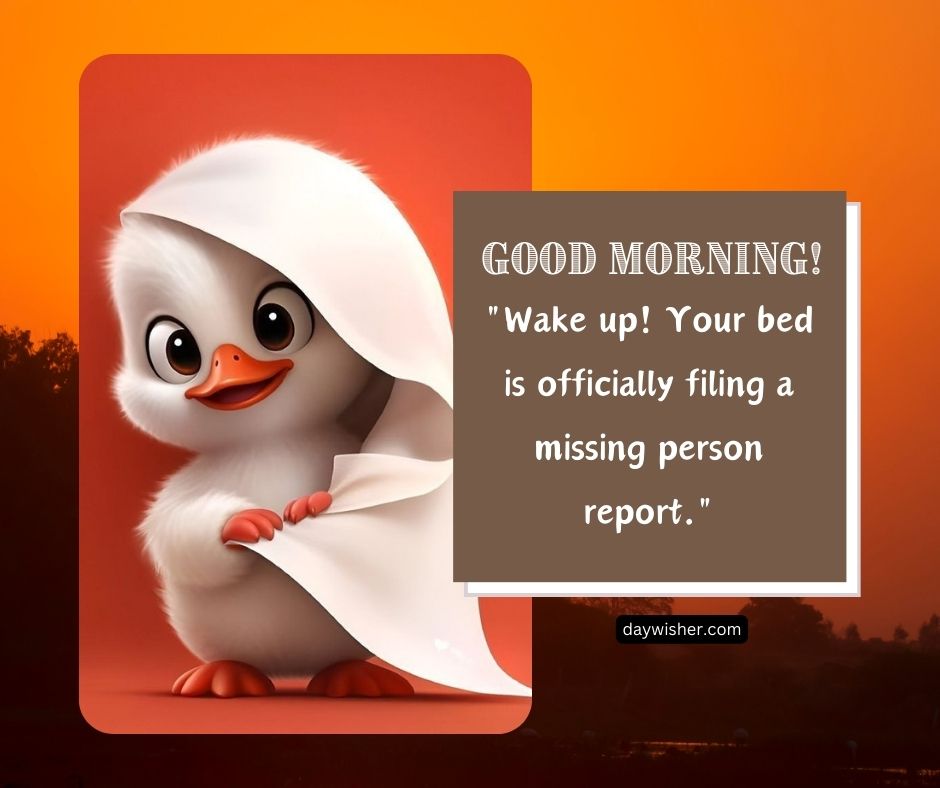 A fluffy duckling peeking out from under a blanket with a comical warning about a missing person report from the bed, adding a chuckle to morning greetings.