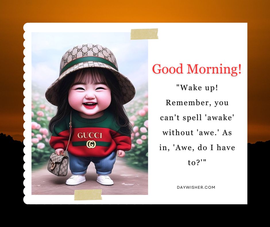 An adorable animated toddler with a joyful smile, dressed in a Gucci outfit and hat, holding a purse, with a text overlay saying "Funny Good Morning! Wake up! Remember, you can't