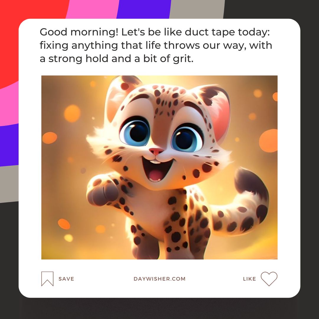 A cheerful animated leopard cub with big blue eyes smiles widely. The background features colorful, soft circles with a funny "Good Morning" motivational quote about resilience.
