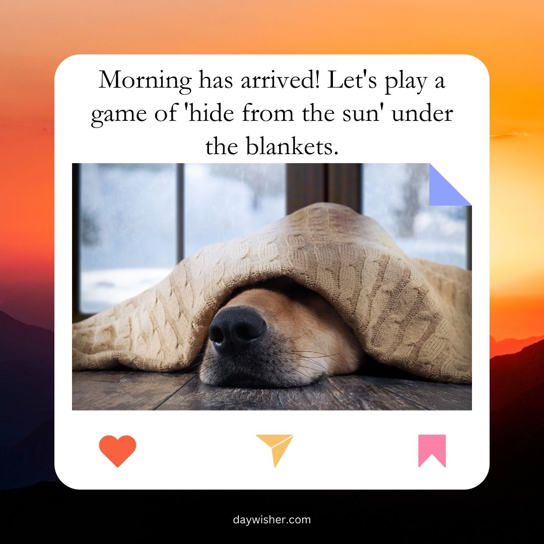 A dog hides under a blanket with only its nose peeking out, set against a warm-toned blurry background. The text above reads, "Funny Good Morning! Let's play a game of '