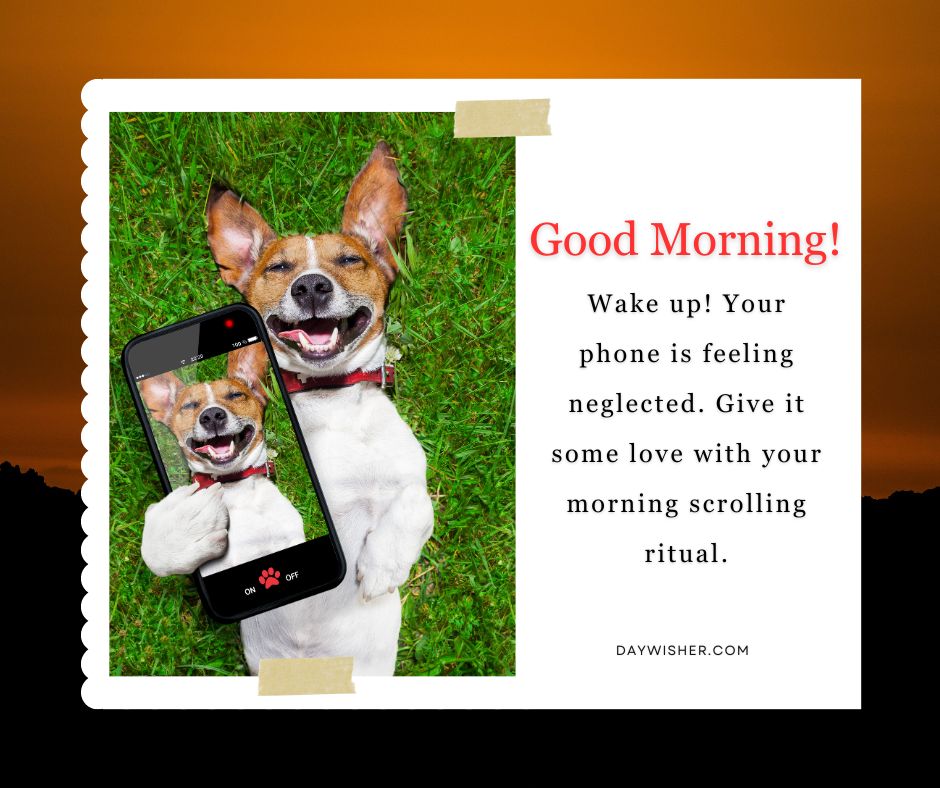 A dog holding a smartphone, capturing its own laughing reflection, accompanied by a caption about morning rituals, from 'Funny Good Morning Images