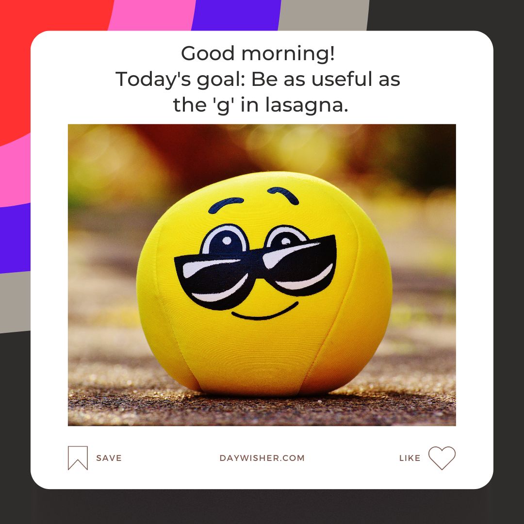 A smiley face stress ball with sunglasses is in the foreground, overlaid with text reading "good morning! today's goal: be as useful as the 'g' in lasagna." The background