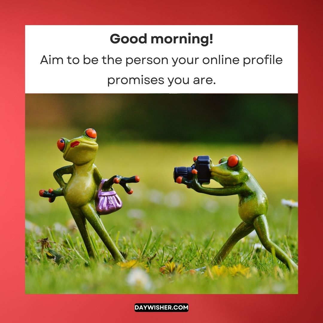 Image of two frog figurines, one standing and the other crouched, both holding binoculars in a grassy field. Text on image reads: "Funny good morning! Aim to be
