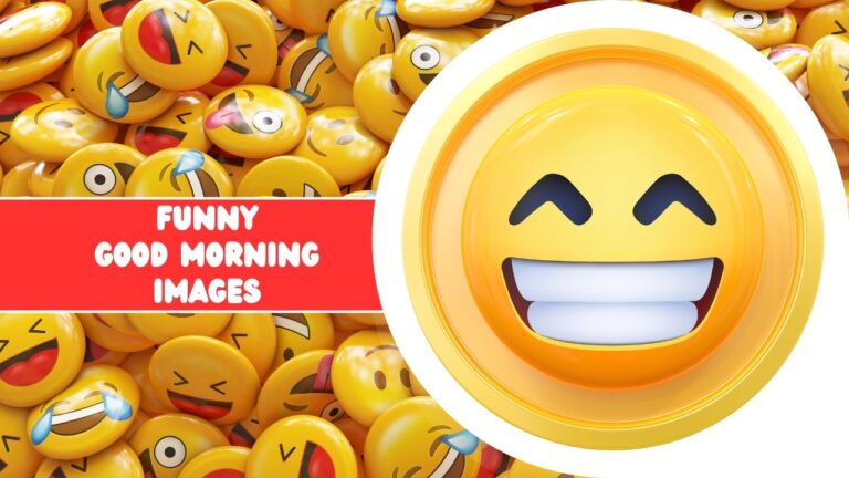 A large collection of various yellow emoticon faces with different expressions, with one larger laughing face in front and text saying "Funny Good Morning Images.