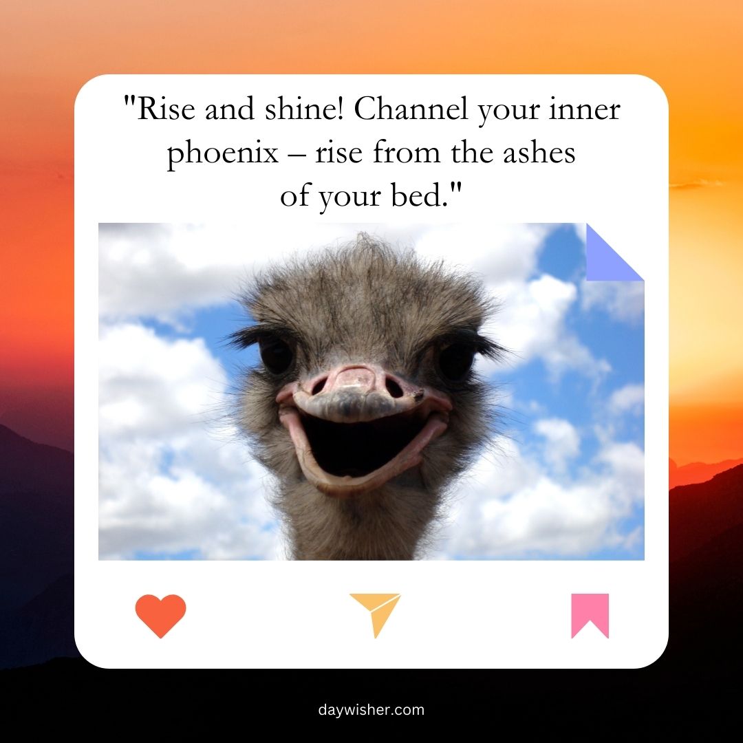 A motivational image featuring a close-up photo of a smiling ostrich with text overlay saying, "rise and shine! channel your inner phoenix – rise from the ashes of your bed." Funny Good Morning background