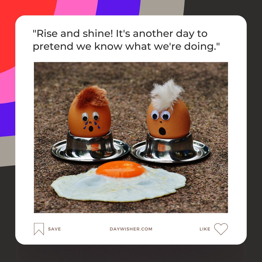 Two eggshell characters with face drawings, one with brown hair and the other with white, sit on small metal stands. Between them is a sunny-side-up egg. Text overlay: "Rise and