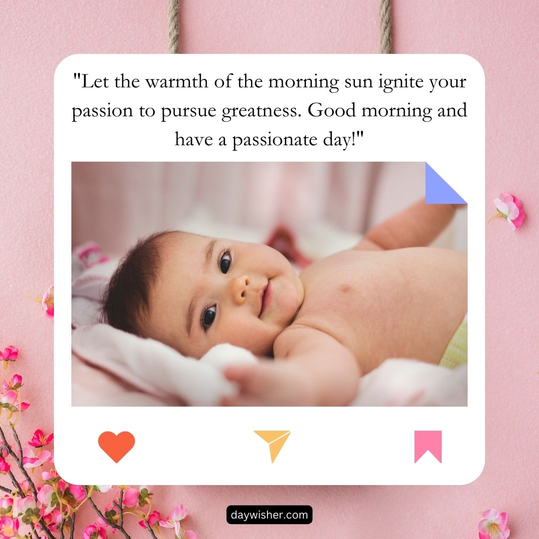 A baby lying on a soft blanket, smiling and looking at the camera. Pink floral decorations are around with a "good morning" quote in a decorative frame.