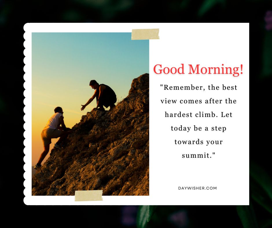 An inspirational postcard displaying two people climbing a rocky hill, with good morning images and a motivational quote about overcoming challenges that reads: "Good morning! Remember, the best view comes after the hardest climb