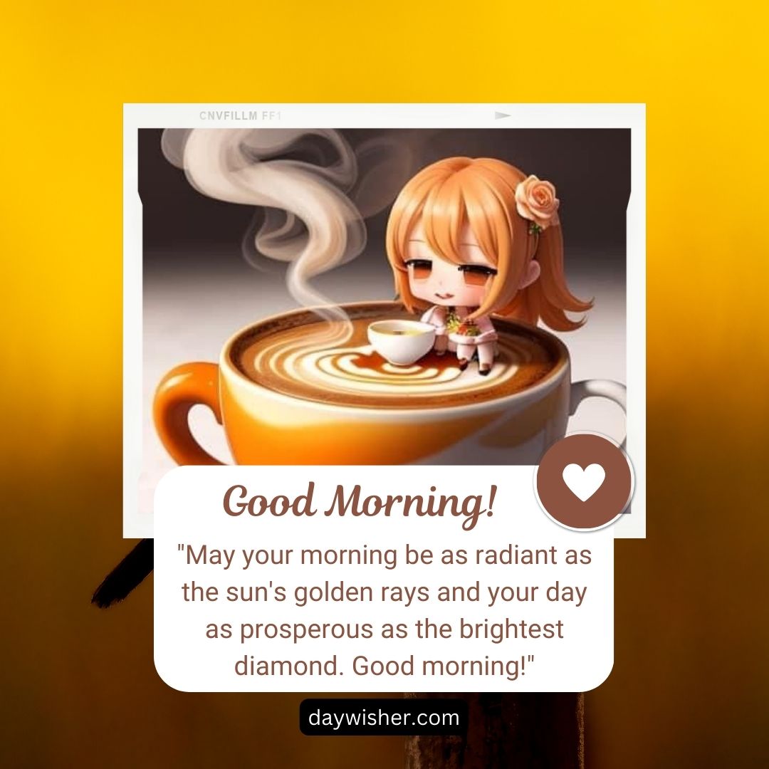 An animated image depicting a cute, orange-haired girl with a bow, smiling at a cup of coffee. Text reads "good morning! may your morning be as radiant as the sun's golden rays and
