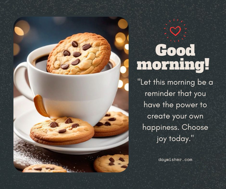 A heartwarming "good morning!" greeting card featuring good morning images of a cup of coffee with cookies balanced on the rim, set against a blurred, sparkly background, encouraging a joyful day.
