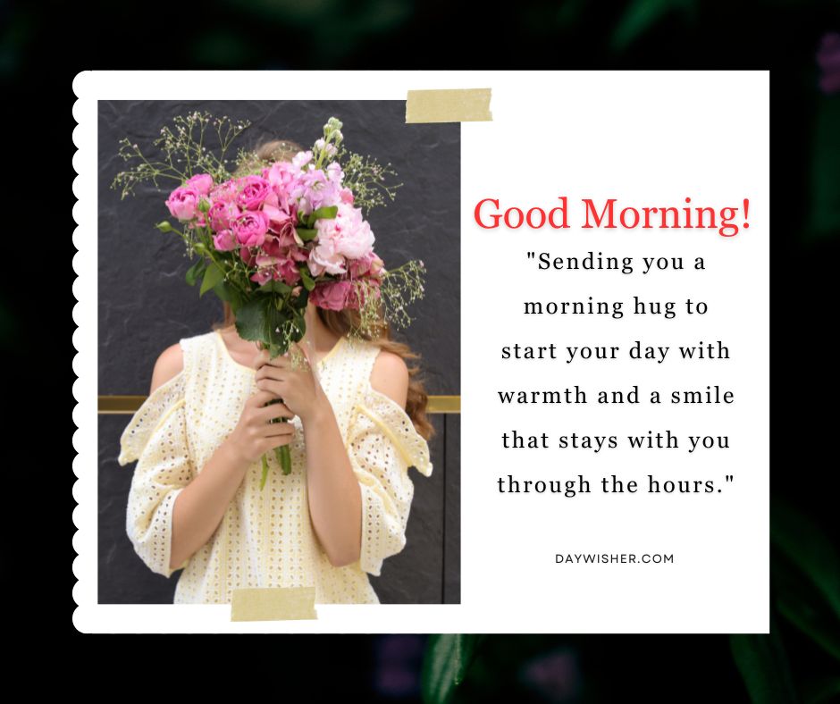A woman holding a bouquet of pink flowers in front of her face, with a text overlay saying "good morning!" and an inspirational message about sending a hug to start the day.