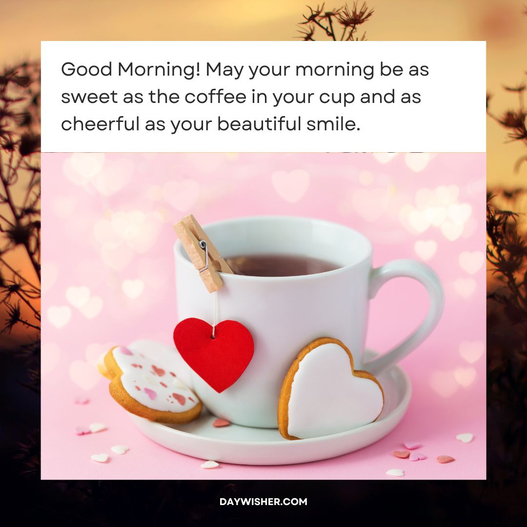 A warmly lit image featuring a cup of coffee with a heart-shaped tag and two heart-shaped cookies, conveying a cheerful "good morning" message.