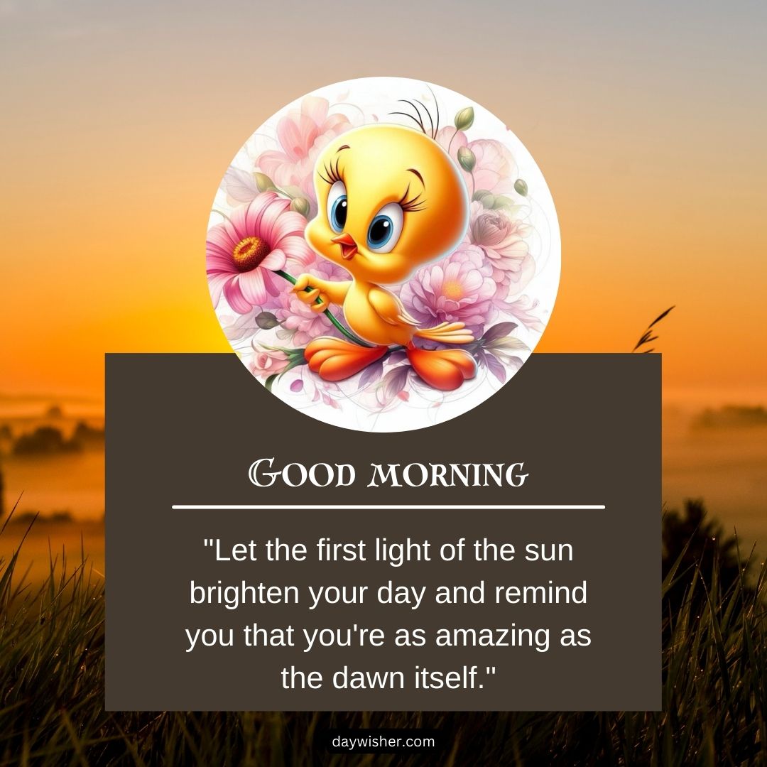 A vibrant image featuring an animated chick surrounded by flowers, set against a sunrise backdrop with a "good morning" greeting and an inspirational quote about the dawn.