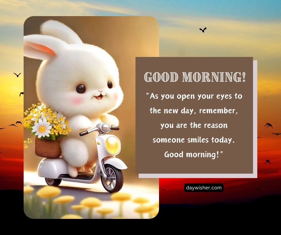 A cute cartoon bunny on a scooter with a basket of flowers, under a sunrise sky, next to a "good morning" quote encouraging positivity as someone views good morning images for a new day.
