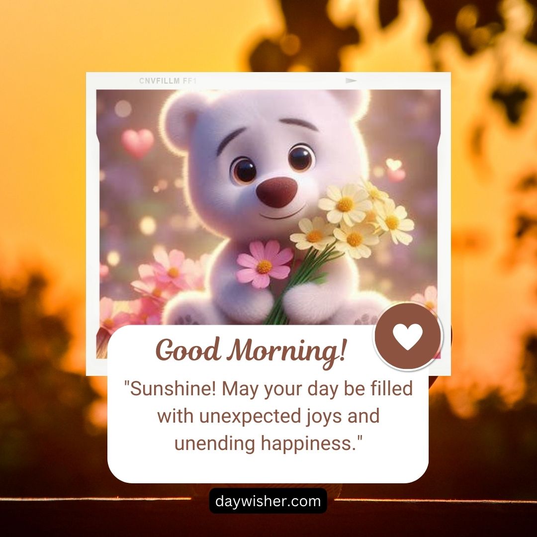 An animated image of a cute, white bear holding a bunch of flowers with a "good morning" greeting and a warm wish written on it, set against a blurred floral background at sunset.