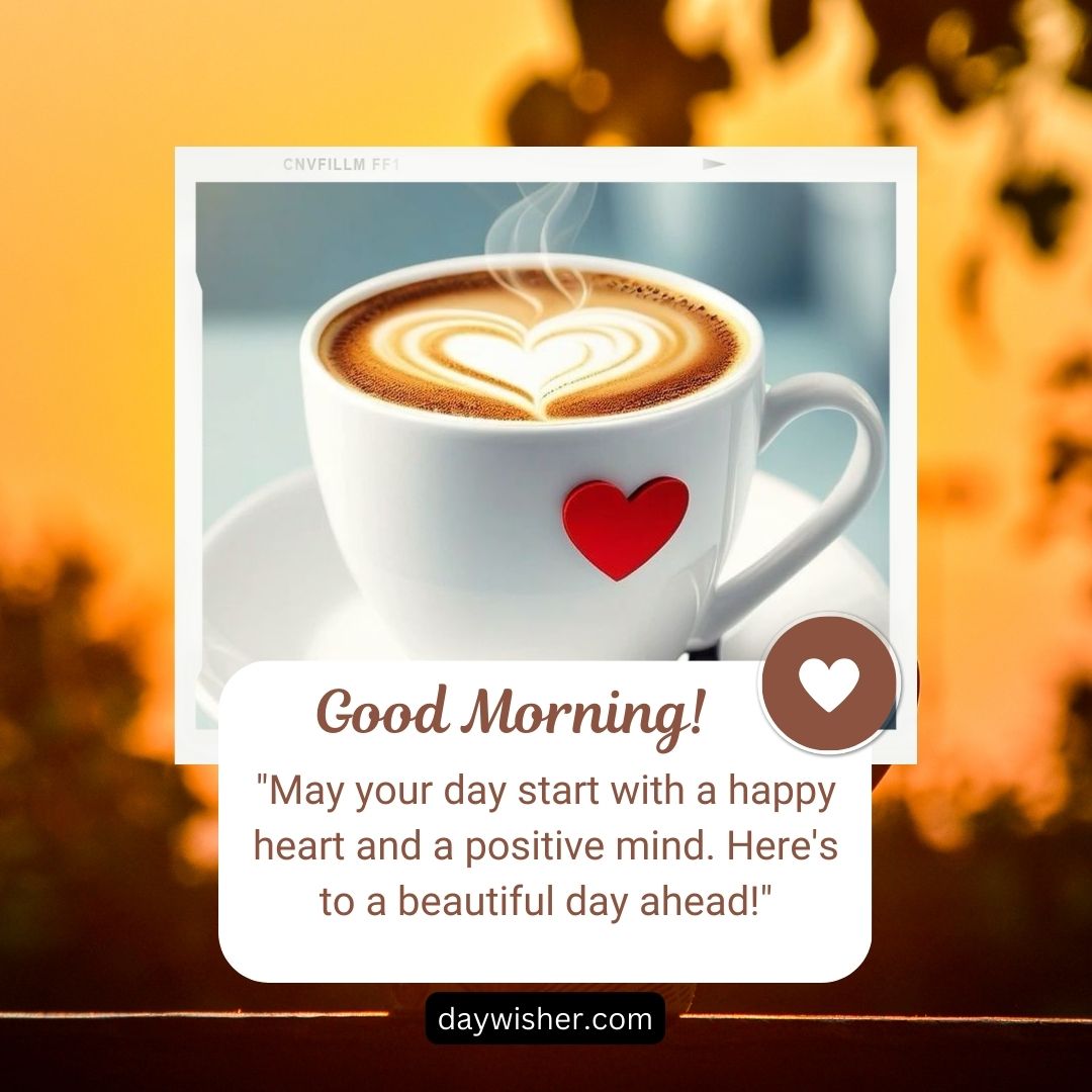 A cup of coffee with a heart-shaped design on its foam, placed on a table, with the greeting "good morning!" and a positive message written over an orange blurred background in good morning images.
