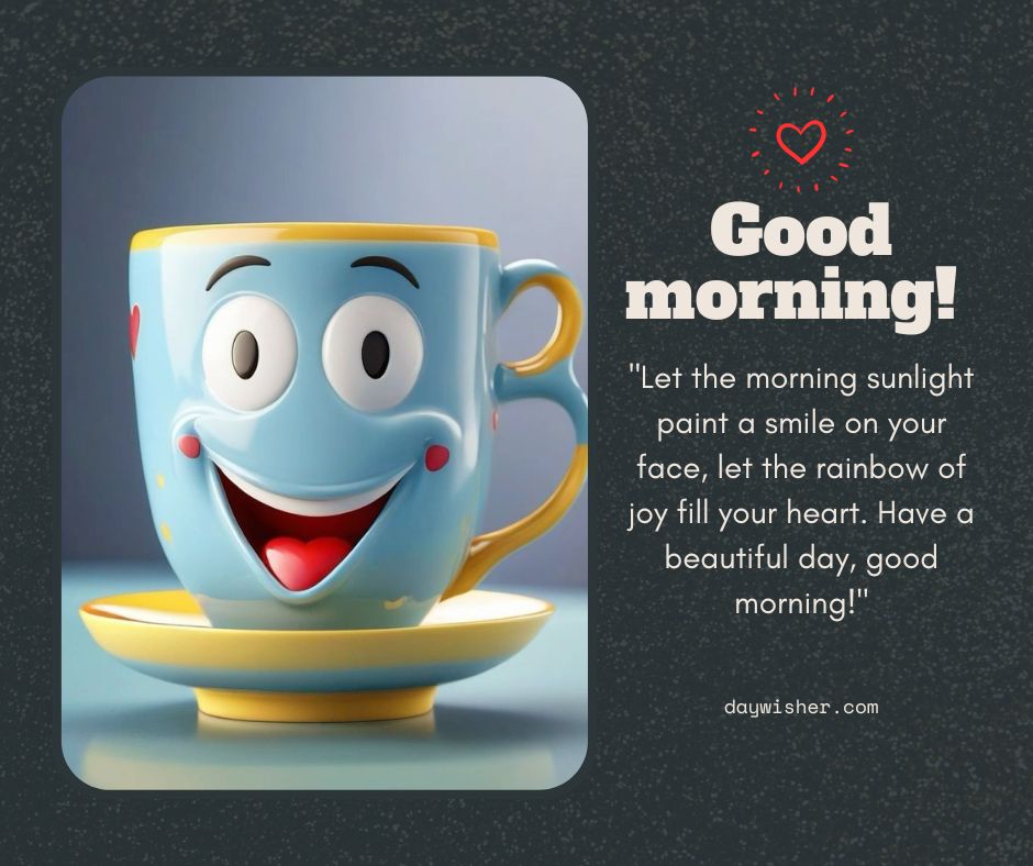 A cheerful illustrated cup with a face smiling radiantly, featuring a "good morning!" message on a gray background with hearts above the text.