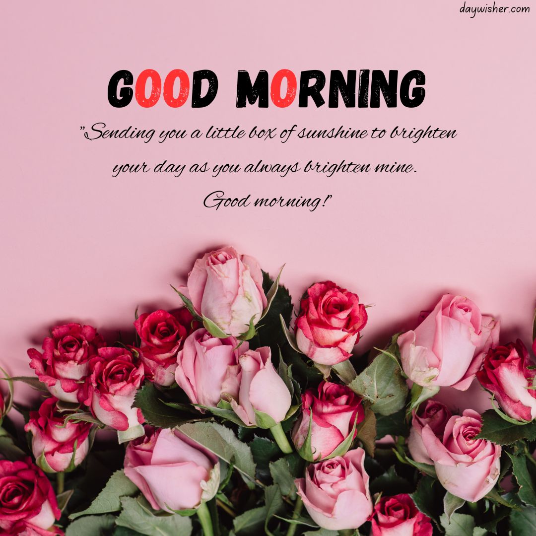 A vibrant image featuring a bouquet of pink roses on a soft pink background with the text "good morning images" and a heartfelt message wishing brightness and joy.