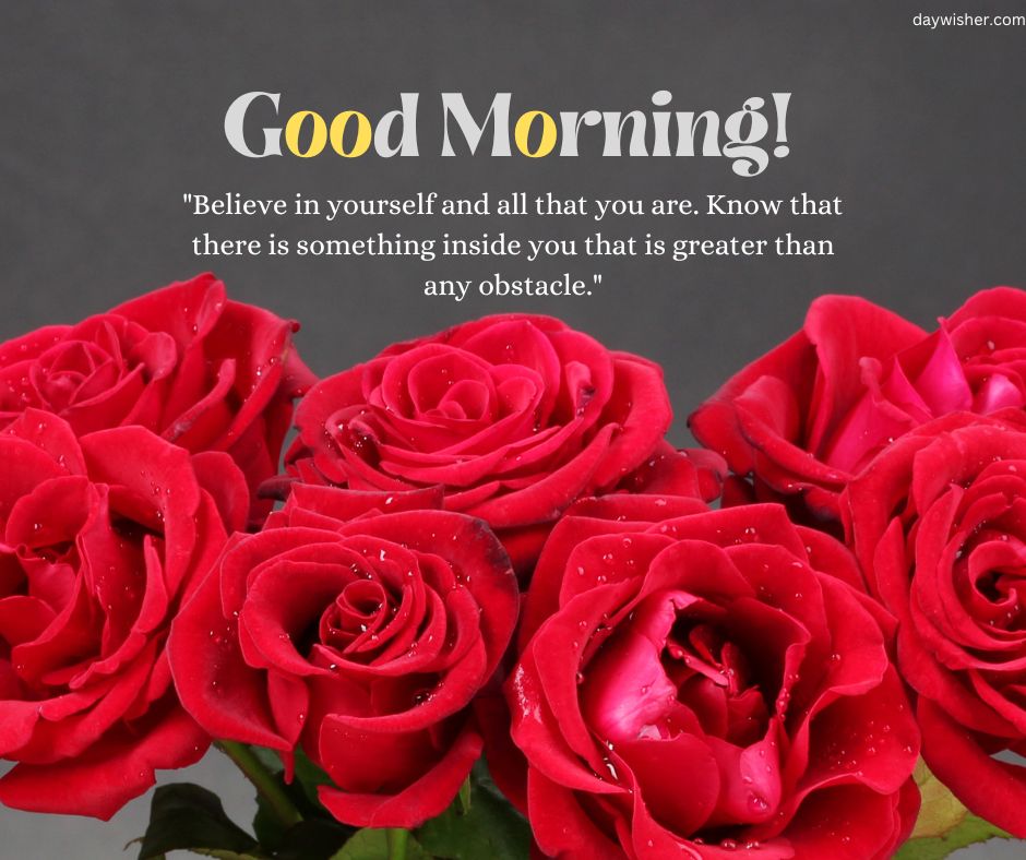 An image featuring a bouquet of vibrant red roses with water droplets on a dark background, the text "good morning images" at the top, and an inspirational quote beneath it.