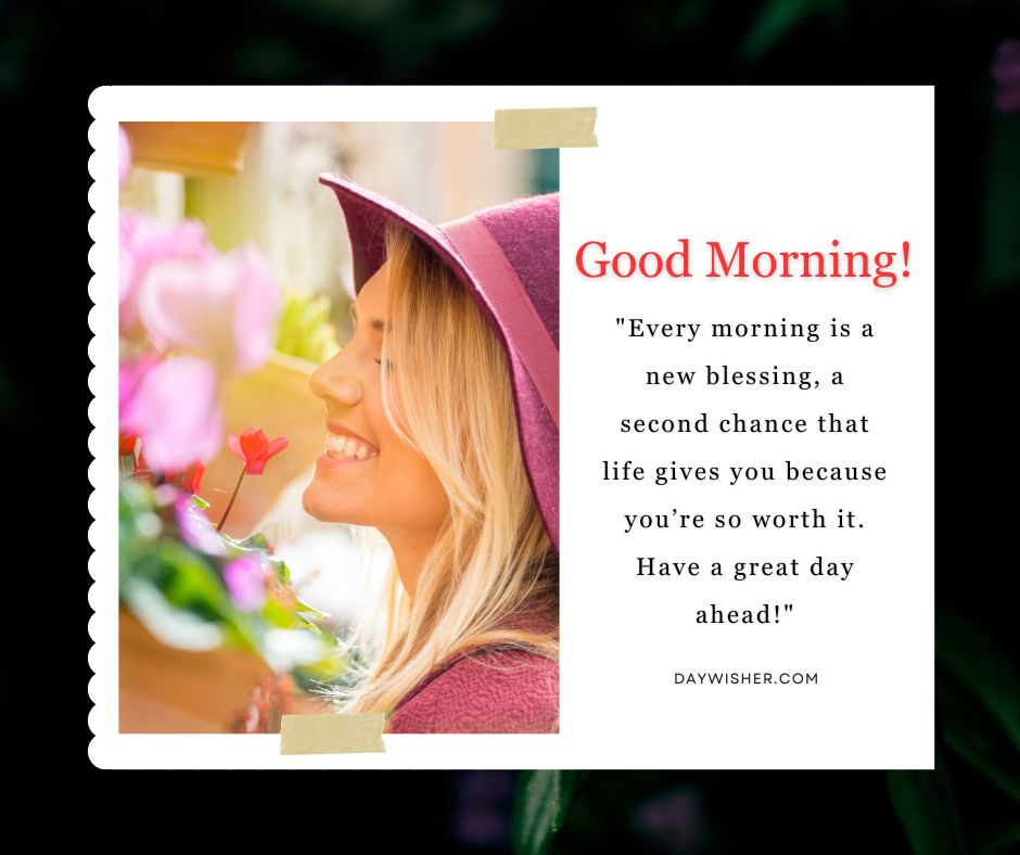 A smiling woman in a pink hat, surrounded by lush greenery, looks at a flower. The image features a "Good morning!" greeting with an inspirational quote.
