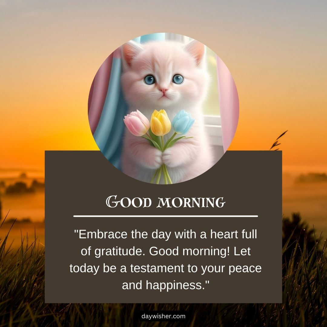 A digital artwork featuring a kitten with a tulip in a circle against a sunset background, accompanied by good morning images and a quote about embracing the day with gratitude.