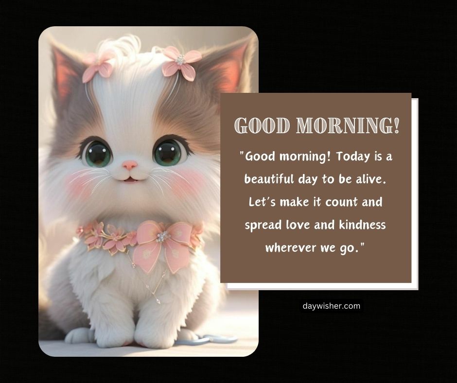 Graphic of a cute animated kitten with pink flowers in its fur and the message "good morning images! today is a beautiful day to be alive. let's make it count and spread love and kindness wherever