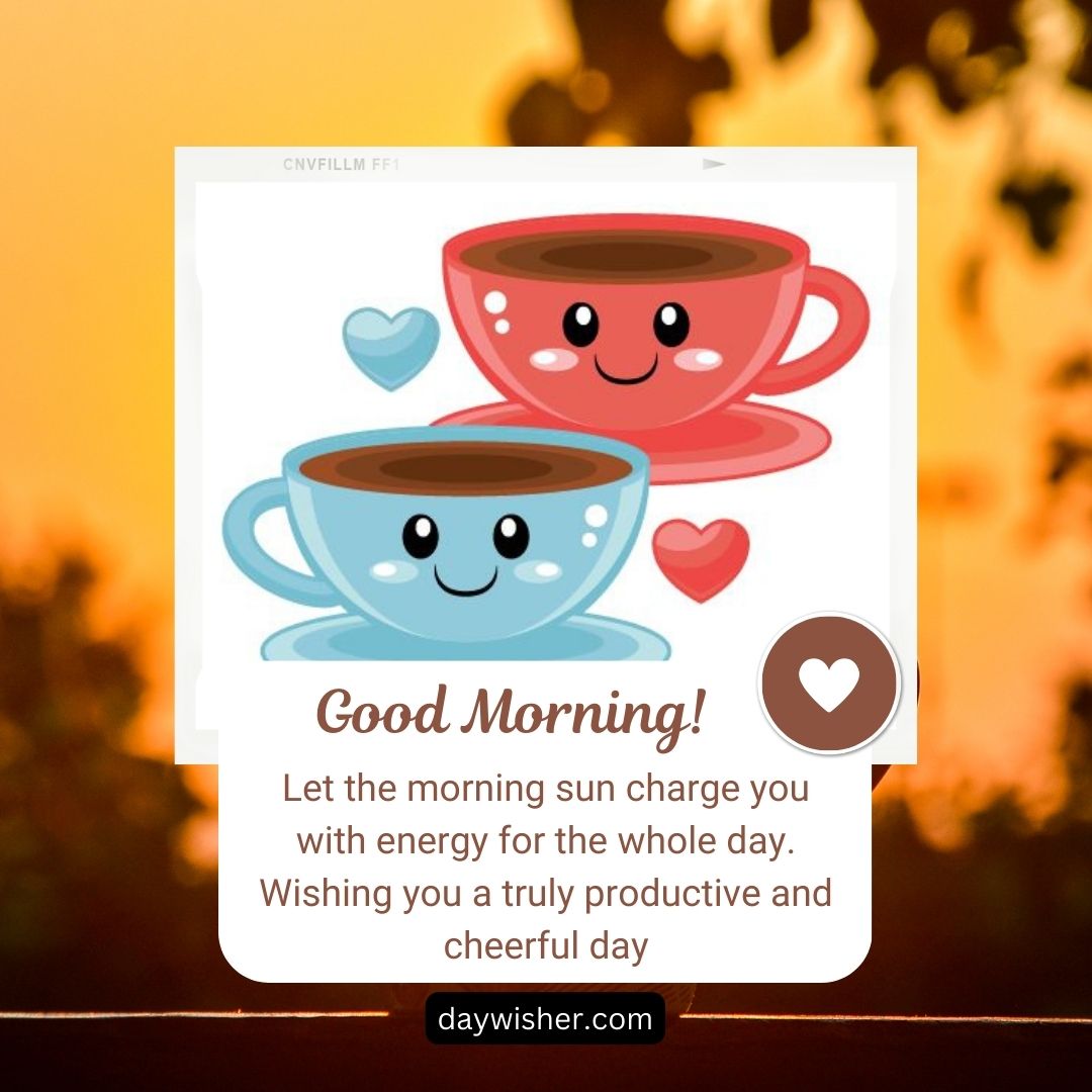 Two cartoon-style smiling coffee cups, one red and one blue, depicted against a sunrise background, with text "Good morning! Let the morning sun charge you with energy for the whole day.