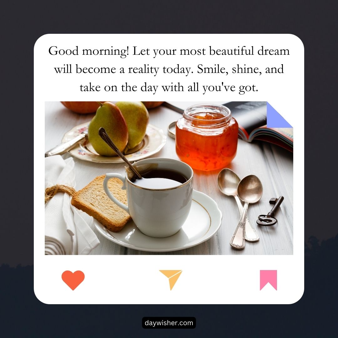 A cozy breakfast setup featuring a cup of coffee, slices of bread, jam, a spoon, and an open book on a white table, with a "Good Morning" message above.
