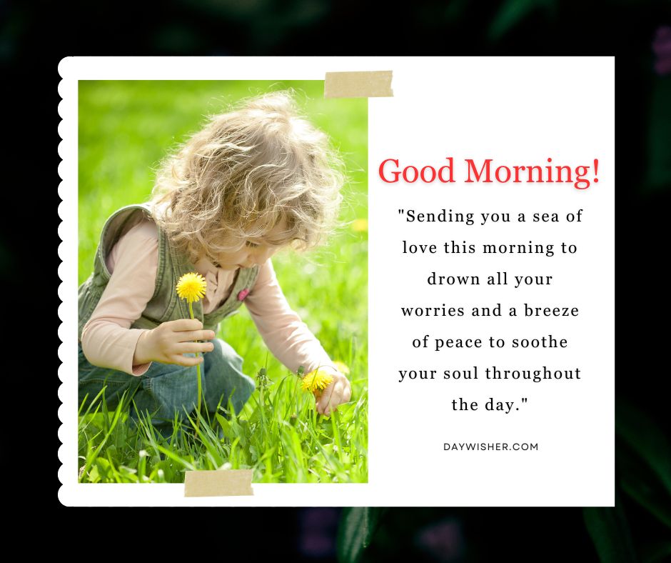 A young child in a sunlit field, crouched while picking a yellow dandelion, framed by good morning images and an inspirational quote.