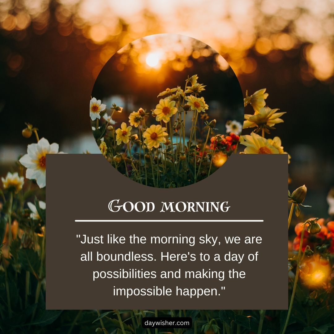 Inspirational good morning images card reading "good morning - just like the morning sky, we are all boundless. here's to a day of possibilities and making the impossible happen," set against a