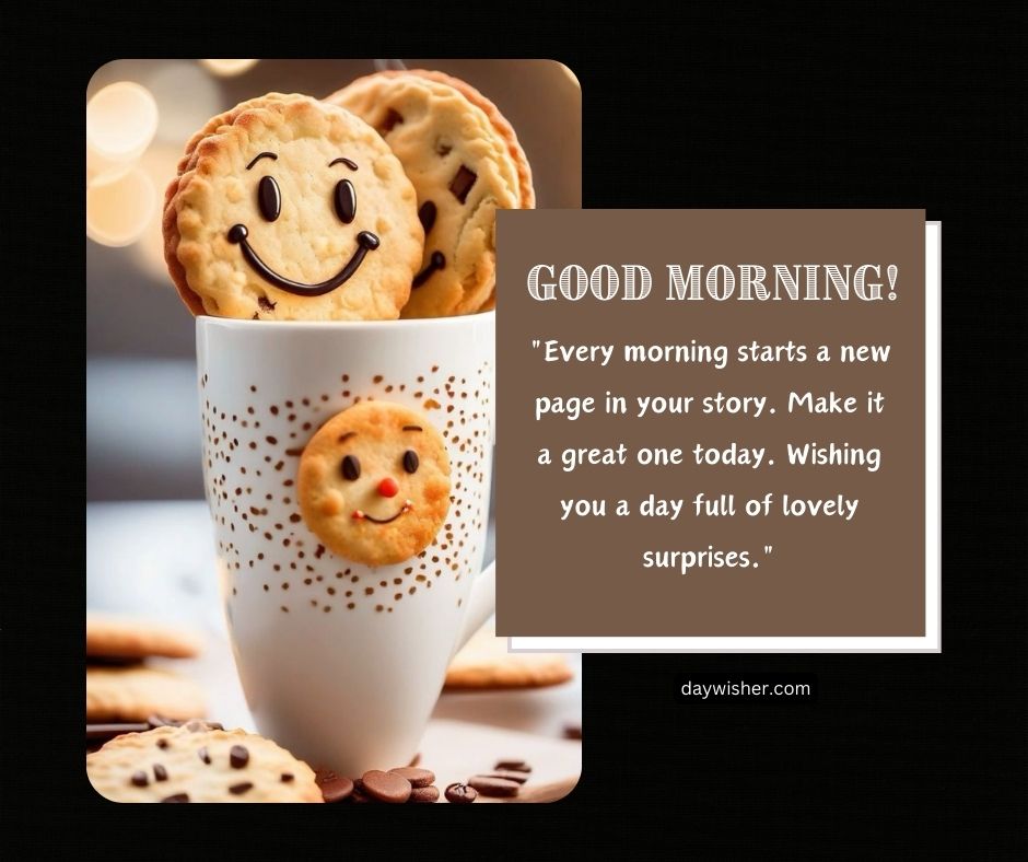 A cheerful good morning image featuring a cup filled with milk and smiley face cookies, with a background text wishing a day full of lovely surprises.